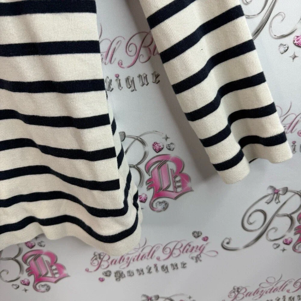 Chico's pull over shirt buttons, navy Black and White Striped Long Sleeve Top
